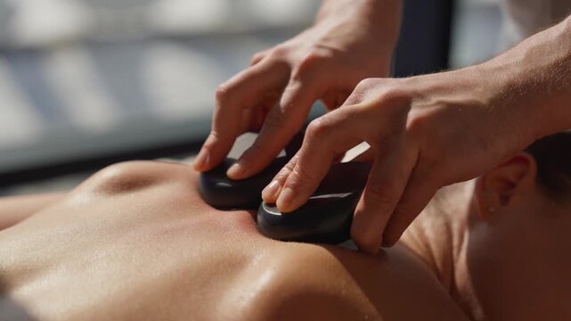 Relaxing hot stone therapy on bare back with therapist hands applying warm smooth stones for deep muscle relaxation in tranquil spa wellness setting
