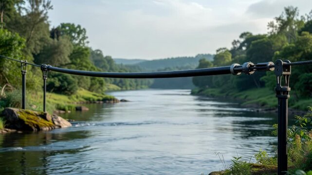 Medium shot of fiber cable crossing a river via a suspension system the cable and attachment points crisp and clear against a softly blurred natural river scene.
