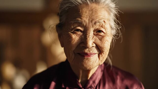 Elderly asian woman smiling gently at the camera