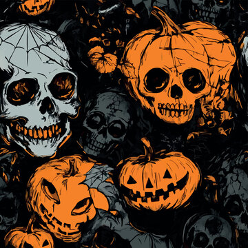 Seamless Halloween pattern with pumpkins, skulls, bats and spider webs in dark vintage style. Spooky detailed illustration perfect for seasonal backgrounds, textiles, prints and festive design.