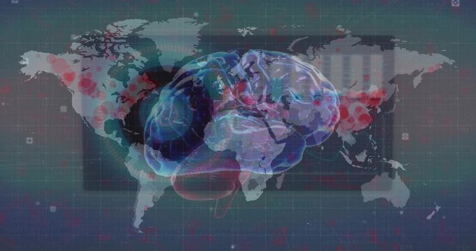 Animation of data processing and world map over brain