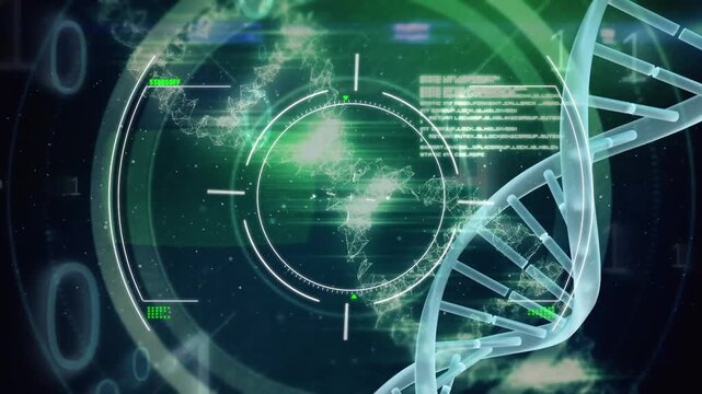 Animation of glitch, binary code and diverse data over dna chain on green background