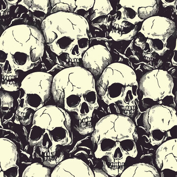 Seamless Halloween pattern with pumpkins, skulls, bats and spider webs in dark vintage style. Spooky detailed illustration perfect for seasonal backgrounds, textiles, prints and festive design.