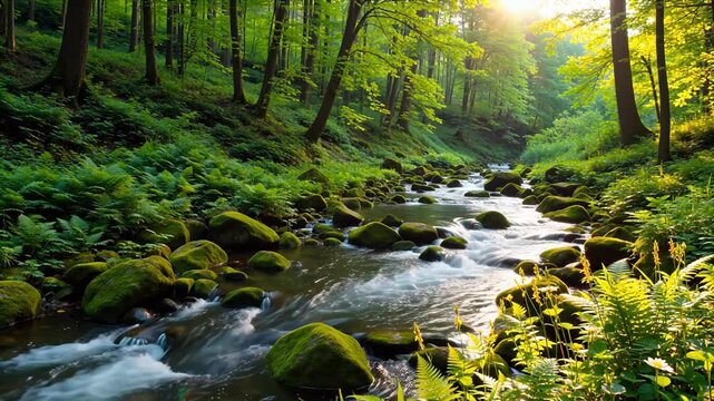 Forest stream with mossy rocks and greenery