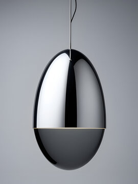 A shiny metallic ellipsoid suspended above a calm gray surface