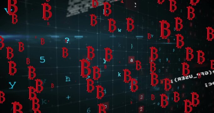 Digital animation of multiple bitcoin symbols over cyber security data processing on blue background