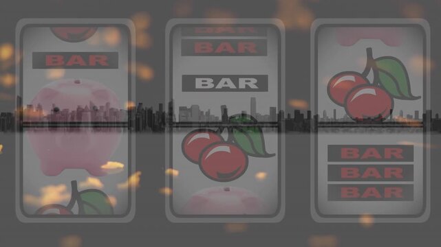 Animation of yellow particles moving over casino slot machine against view of cityscape