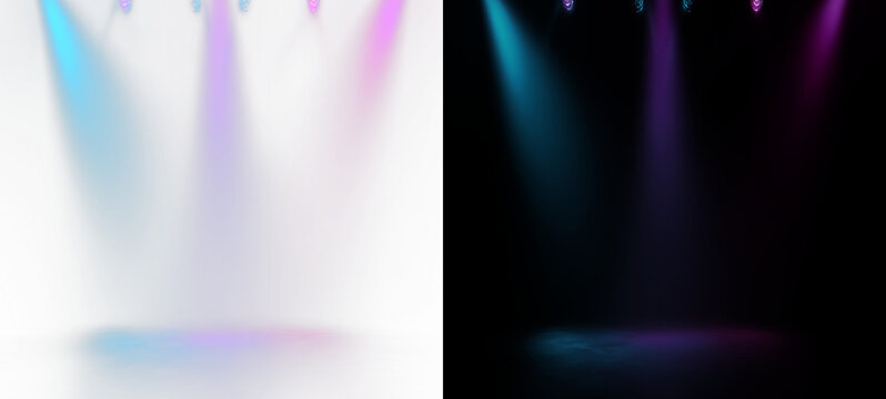 Three spotlights in turquoise, purple, and pink shining from above with beams and floor reflections, creating a vibrant stage effect. Isolated PNG overlay on split background, perfect for events and v