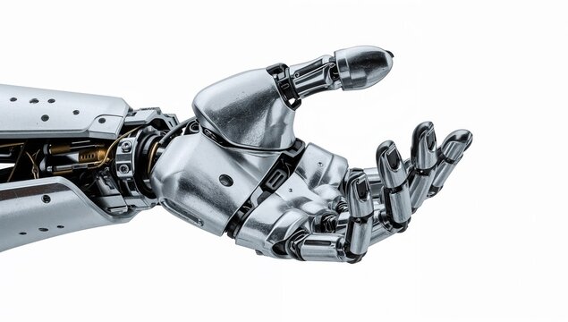 Futuristic robotic hand with metal fingers and joints on white background showcasing advanced technology and innovation