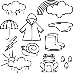 Fototapeta premium Rysunki z deszczową pogodą. Ręcznie rysowane elementy. Bazgroły deszczowy dzień.