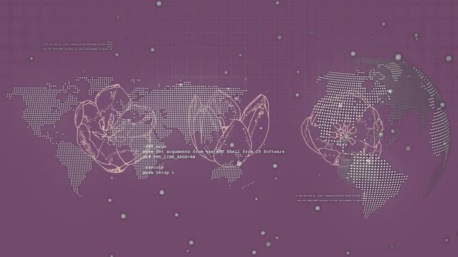Animation of world map and flowers over purple background