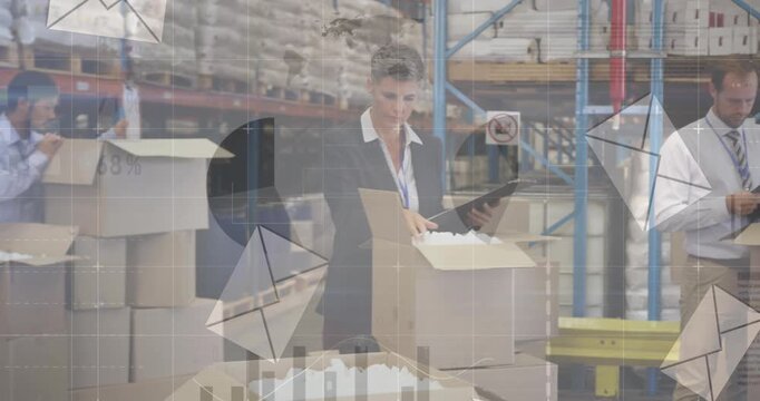 Animation of financial data processing and envelope icons over diverse workers in warehouse