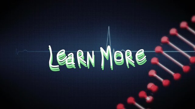 Animation of learn more text and heartbeat pulse and dna helix against blue background