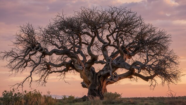 Standing gnarled tree rising above flat plain at sunset, showing low shrubs, distant hills, clouds