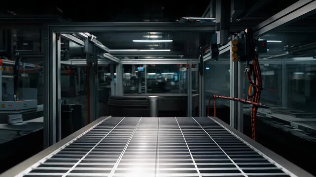 Solar cell modules move along a clean energy manufacturing production line, symbolizing industrial innovation, sustainable development, and advanced green technology