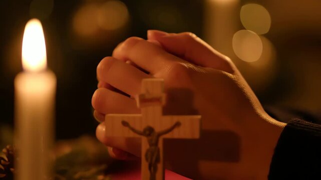 Hands clasped in prayer before crucifix and candle