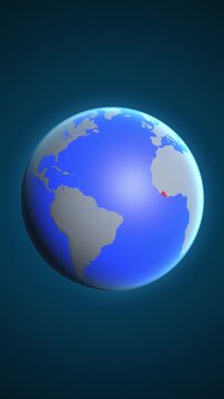 The animation shows a graphic representation of the earth and highlights the location and map of Liberia colored red in vertical format.