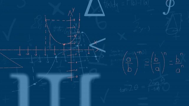 Animation of mathematical equations and symbols floating against blue background