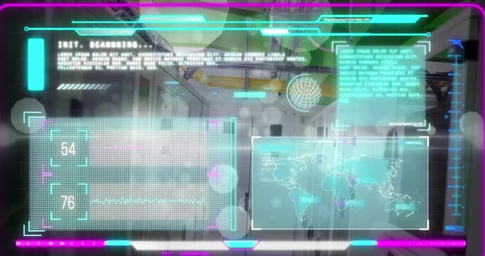 Animation of interface with data processing and white spots floating over computer server room