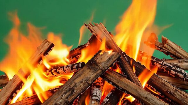 Burning wood logs with flames