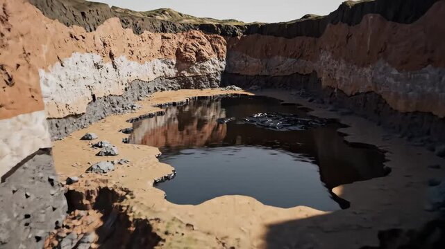 Stratified earth layers expose a dark oil pool in a geological cross-section, illustrating petroleum sources for the oil industry.