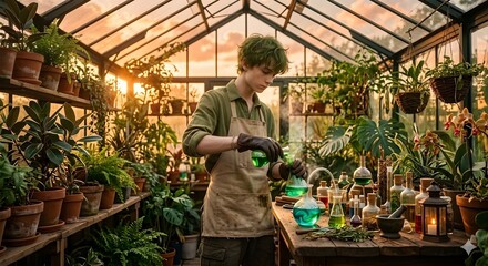 Obraz premium Young Alchemist with Green Hair Making Potions in Greenhouse