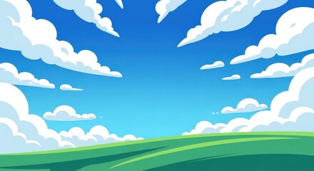 Obraz premium Cartoon landscape with green hills and blue sky with white clouds