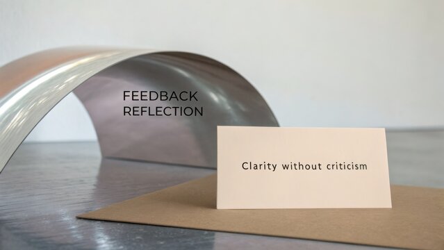 Metal curved piece with text about feedback and a card that reads clarity without criticism in a modern office setting
