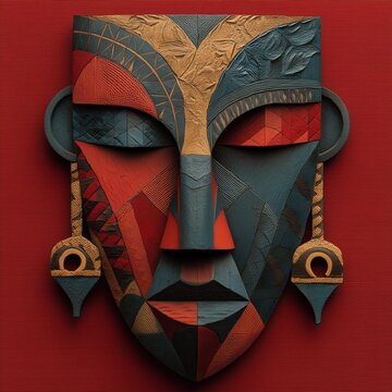 Abstract tribal mask featuring intricate geometric patterns and carved