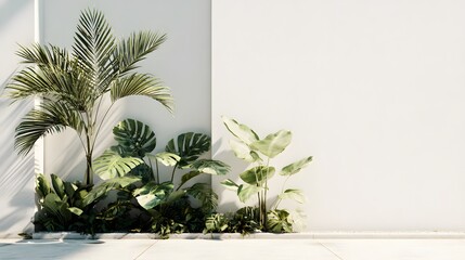 Obraz premium Minimalist palm plants in concrete pots. Elegant shadow on a white wall background. Modern clean interior design mockup.
