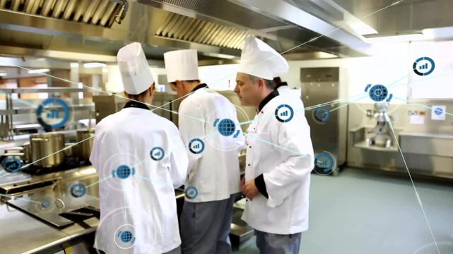 Animation of network of connections with icons over diverse cooks in kitchen