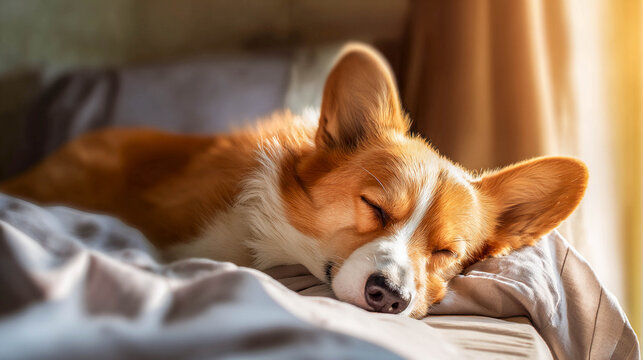 A corgi dog is curled up on a soft blanket in the warm morning sun. The concept of comfort, relaxation, carefree sleep, and love for pets.