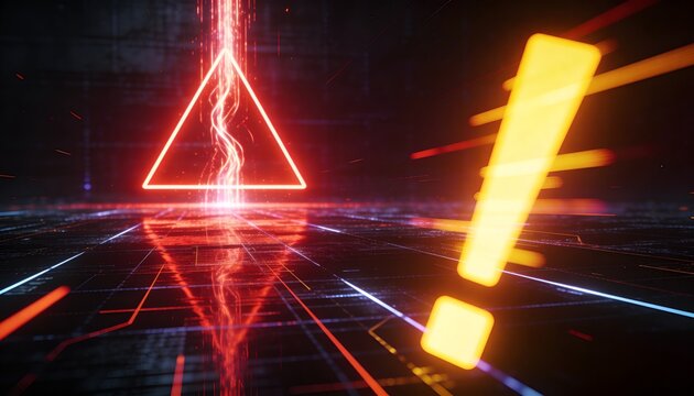 Hovering red neon triangle projecting plasma column in dark chamber, with glowing exclamation-mark