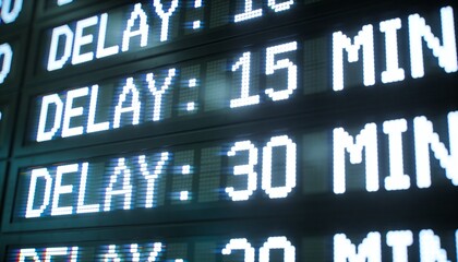 Fototapeta premium Displaying electronic delay board showing repeating DELAY times at train station with LED pixels