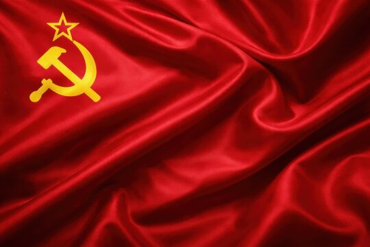 Soviet Union flag waving, hammer and sickle symbol, red silk background