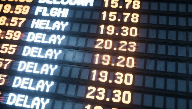 Showing timetable board displaying repeated DELAY notices and amber times in terminal, LED grid