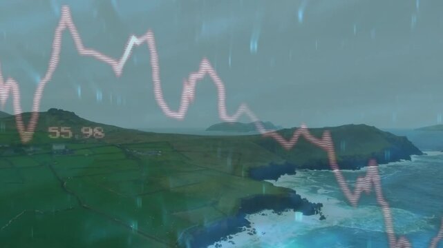 At start translucent pink line chart scrolling across coast under rain overlay, showing data peaks