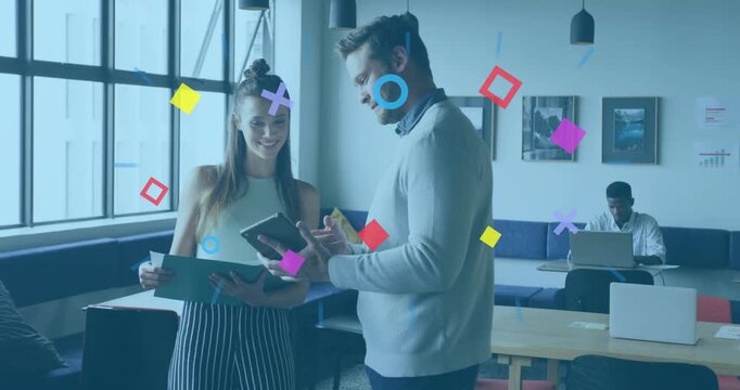Business colleagues holding folder and tapping tablet comparing info with swirling shapes
