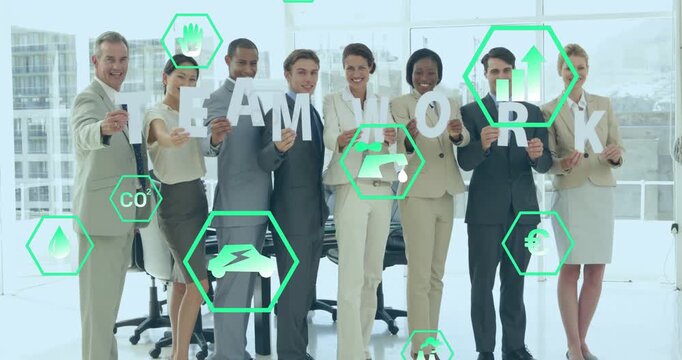 Team aligning cards on cue for marketing, moving green hex icons obscuring then revealing TEAMWORK