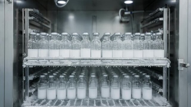 Medium shot of pilotscale lyophilization process showcasing vials on shelves inside a freeze dryer during the icesublimation phase with visible frost buildup.