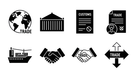Fototapeta premium Global Trade and Shipping Icons: Earth, Container, Customs, Partnership, Ship