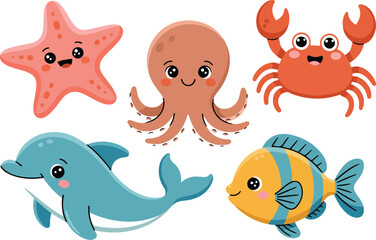 Fototapeta premium Cute kawaii sea animals vector set with cartoon dolphin octopus starfish crab and tropical fish characters for kids nursery design