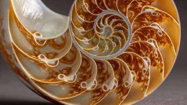 Cross-section of a Nautilus shell revealing its intricate logarithmic spiral chambers and pearlescent interior, a symbol of natural geometry and evolution.