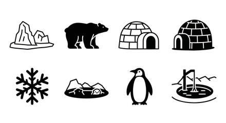 Arctic Icons: Polar Bear, Penguin, Igloo, Iceberg, Snowflake, and Arctic Landscape © AR99