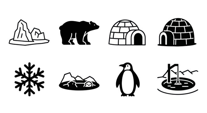 Arctic Icons: Polar Bear, Penguin, Igloo, Iceberg, Snowflake, and Arctic Landscape