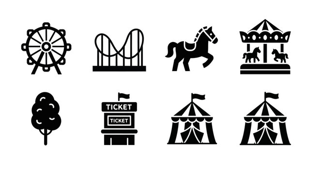 Amusement Park Icons: Ferris Wheel, Roller Coaster, Carousel, Horse, Ticket Booth, Tent