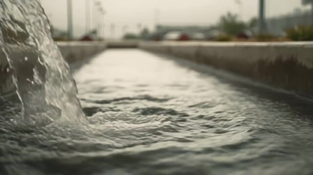 Water flowing continuously from a pipe into a concrete channel, creating ripples and splashes, effectively distributing resources for agricultural or industrial use