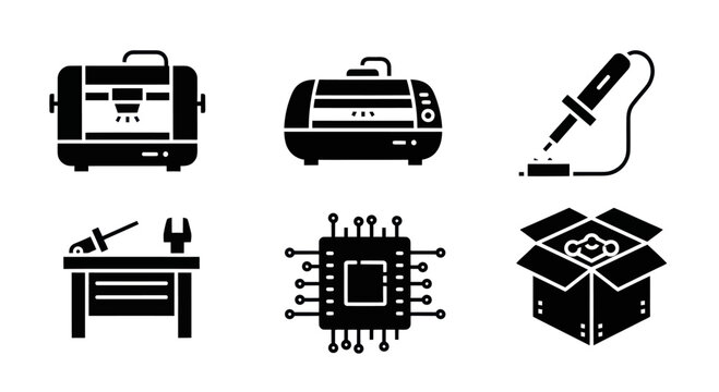 DIY Electronics Workshop Icons: 3D Printer, Soldering, Circuit Board, Workbench, CPU, Box