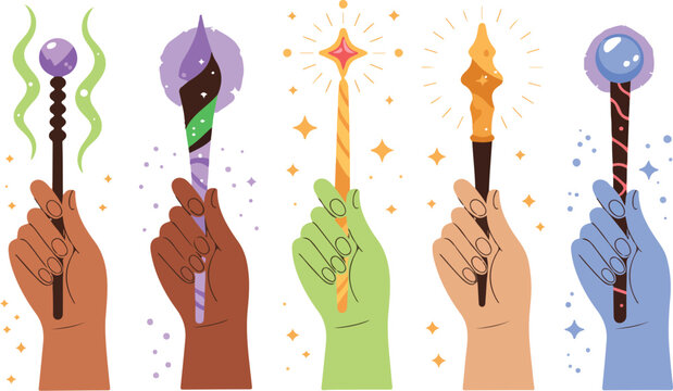 Diverse hands holding magical wands set with glowing sparkles and energy effects for fantasy gaming and wizardry illustration vector