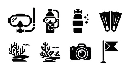 Scuba Diving Icon Set: Mask, Fins, Camera, Coral, Tank, Flag © AR99